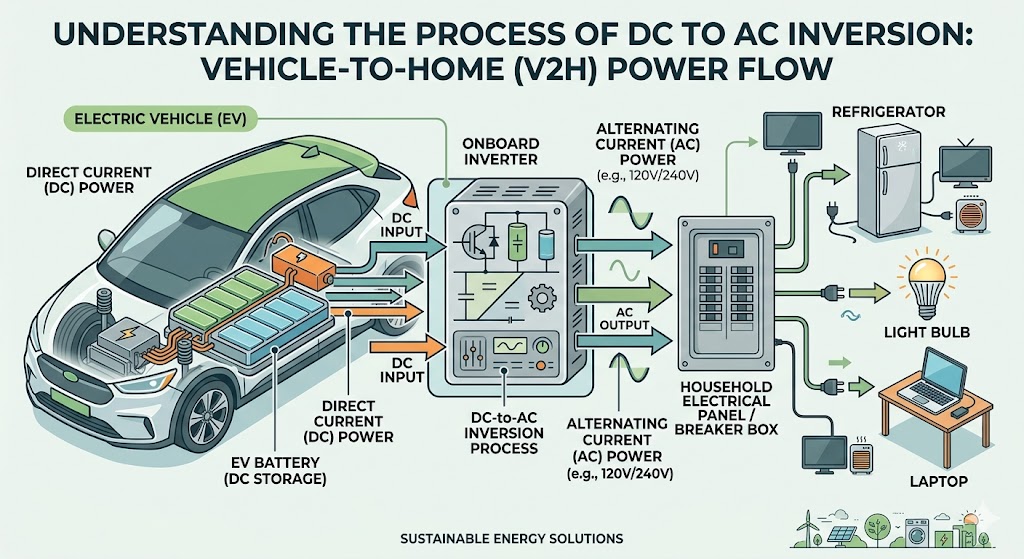 Technical diagram showing EV battery DC power converting to AC via an onboard inverter to power a refrigerator, laptop, and lights.