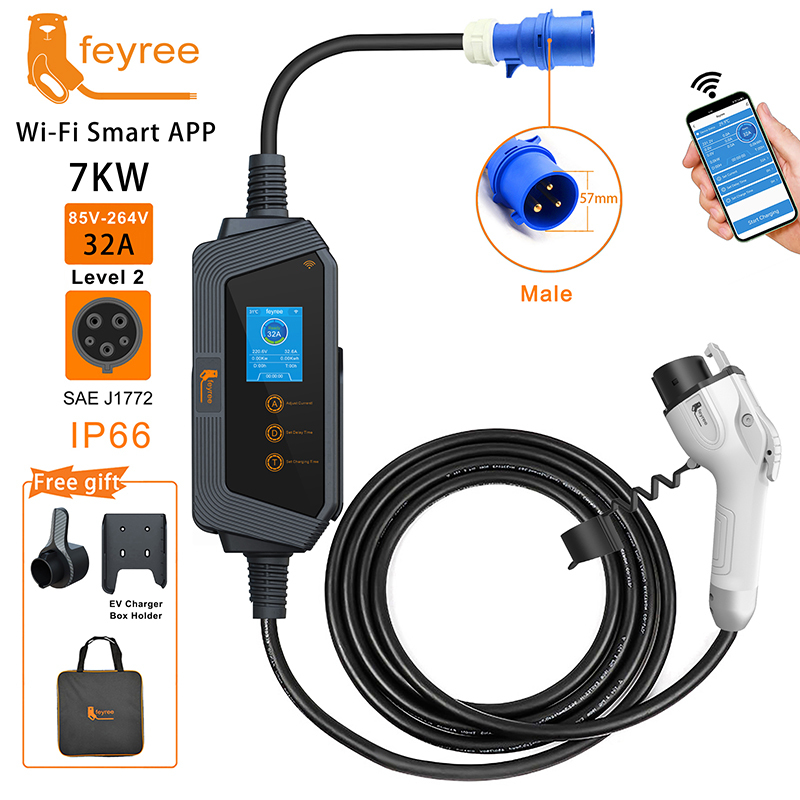 feyree Type1 Portable EV Charger 7KW 32A 1Phase J1772 Socket with 5m Cable Smart APP WIFI Control Version for Electric Vehicle-feyree