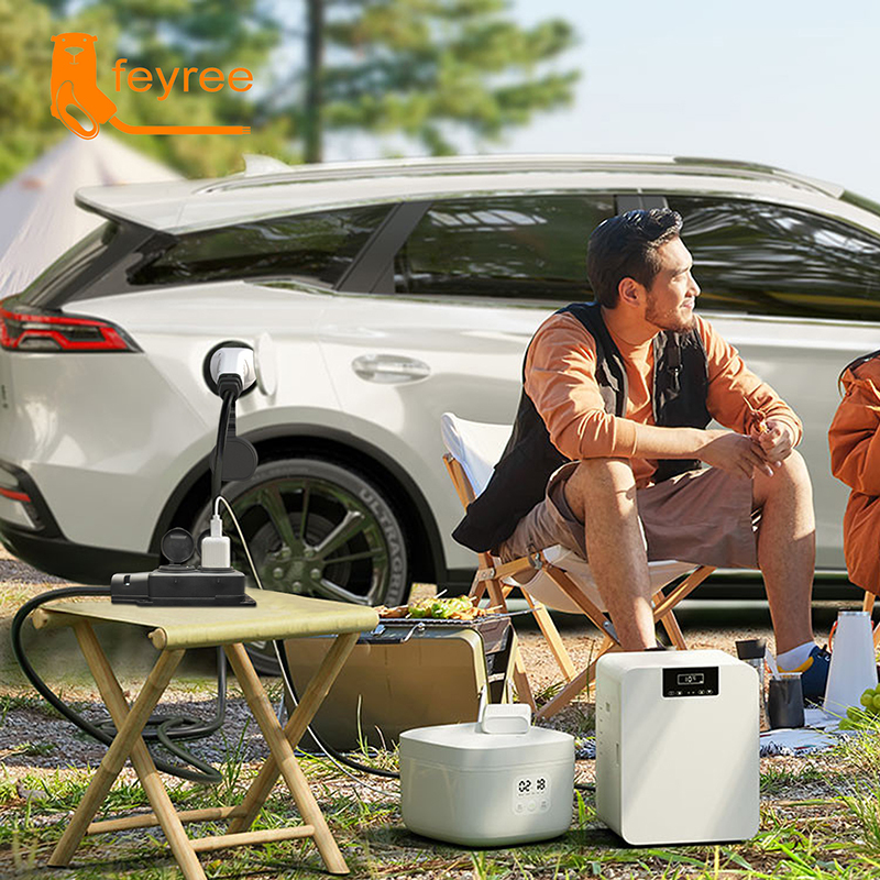 Portable V2L EV adapter cable providing reliable power for camping appliances during outdoor adventure.