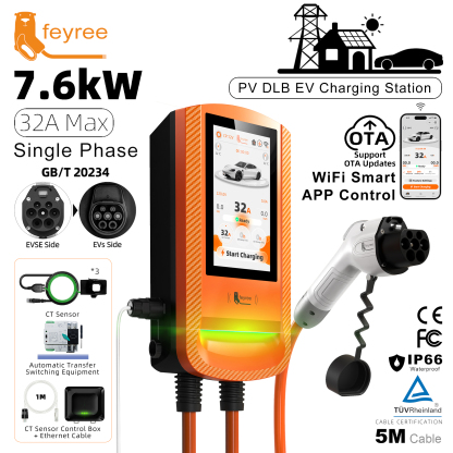 feyree 7Inch 7.6/11/22kW GBT EV Charger APP Control OTA Upgrade Charging Log PV Solar Dynamic Load Balancing Wallbox for Homeuse