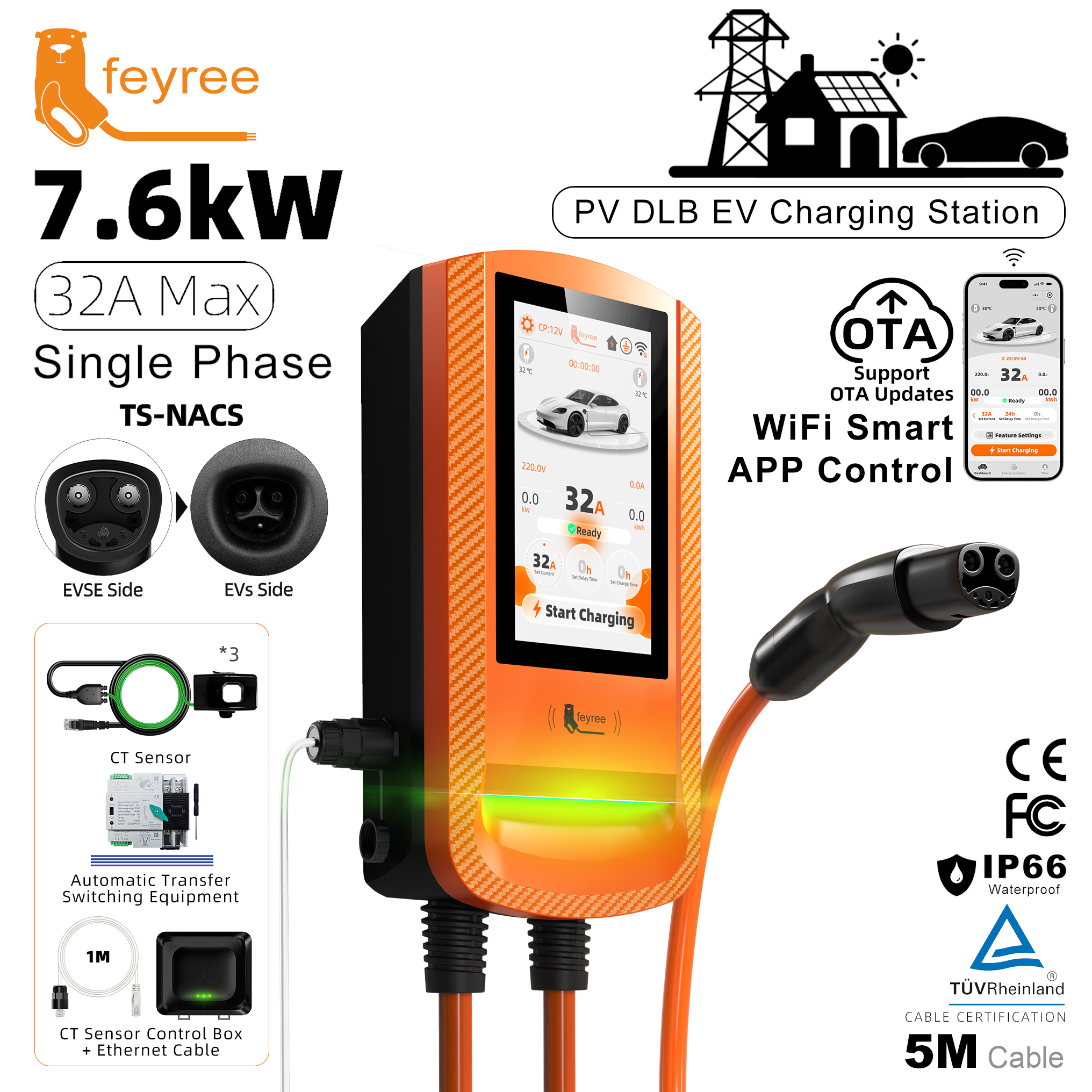feyree TS-NACS EV Charger 7 Inch Touch Screen APP Control OTA Upgrade Charging Log PV Solar DLB Home Wallbox for TS-NACS EV Cars
