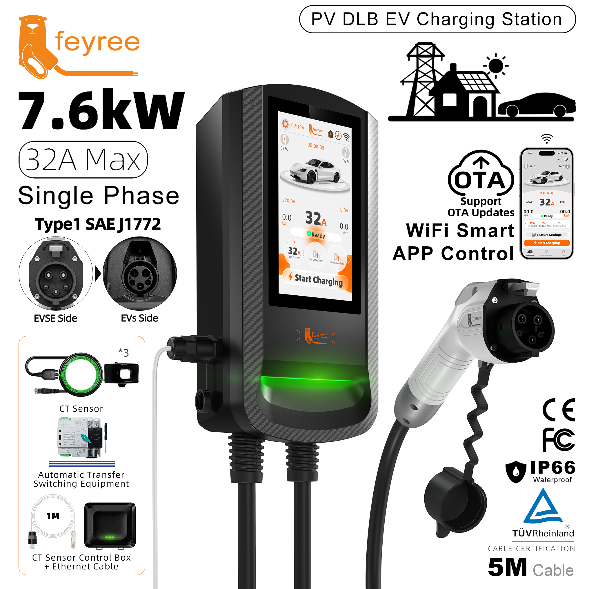 feyree Type1 7.6kW EV Wallbox 7Inch Touch Screen APP Control 9.6kW OTA Charge Log PV Solar Dynamic Load Balancing 12kW EVCharger