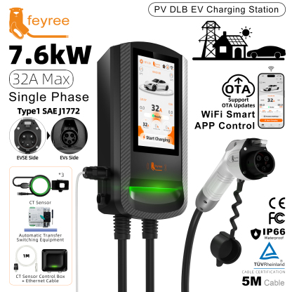 feyree Type1 7.6kW EV Wallbox 7Inch Touch Screen APP Control 9.6kW OTA Charge Log PV Solar Dynamic Load Balancing 12kW EVCharger
