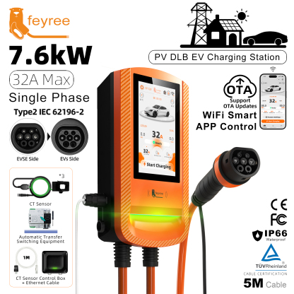 feyree 7 Inch Touch Screen Type2 EV Charger Smart APP Control Charging Log OTA Upgrade with PV Automatic Load Balancing Solar Charger