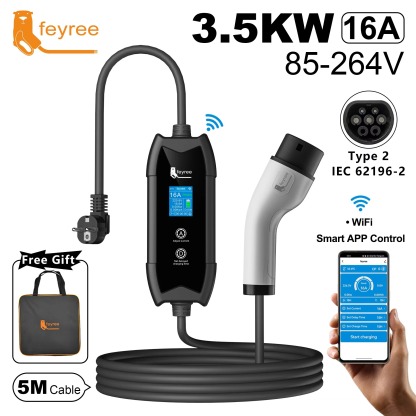 feyree Type2 EV Charger WIFI APP Control 16A 3.5KW GBT 5M Cable Type1 Portable Charging Box Set Charging&DelayTime for EV Cars