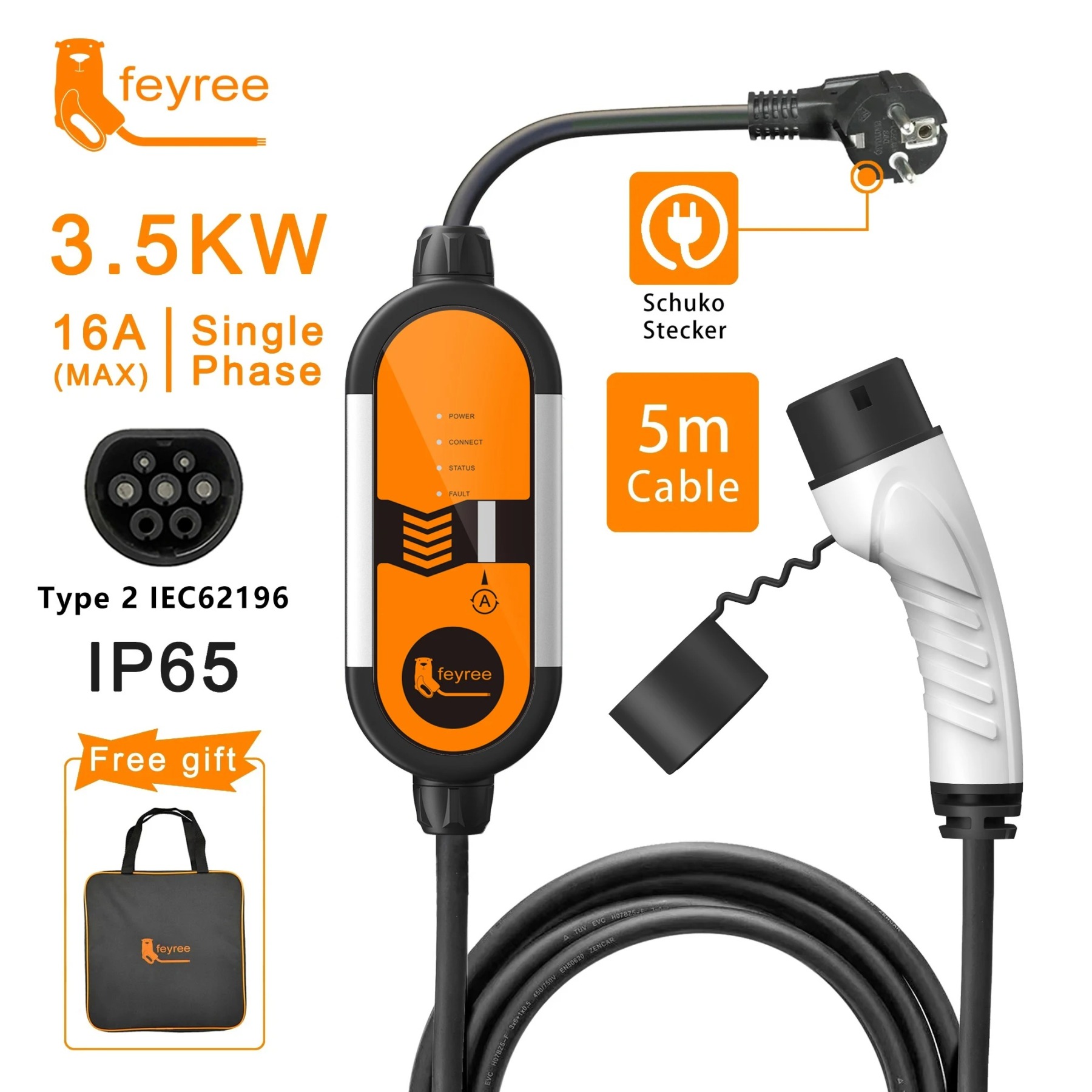 feyree Type2 EV Portable Charger 16A 3.5KW  5m with Schuko Plug EVSE Wallbox for Electric Car-feyree