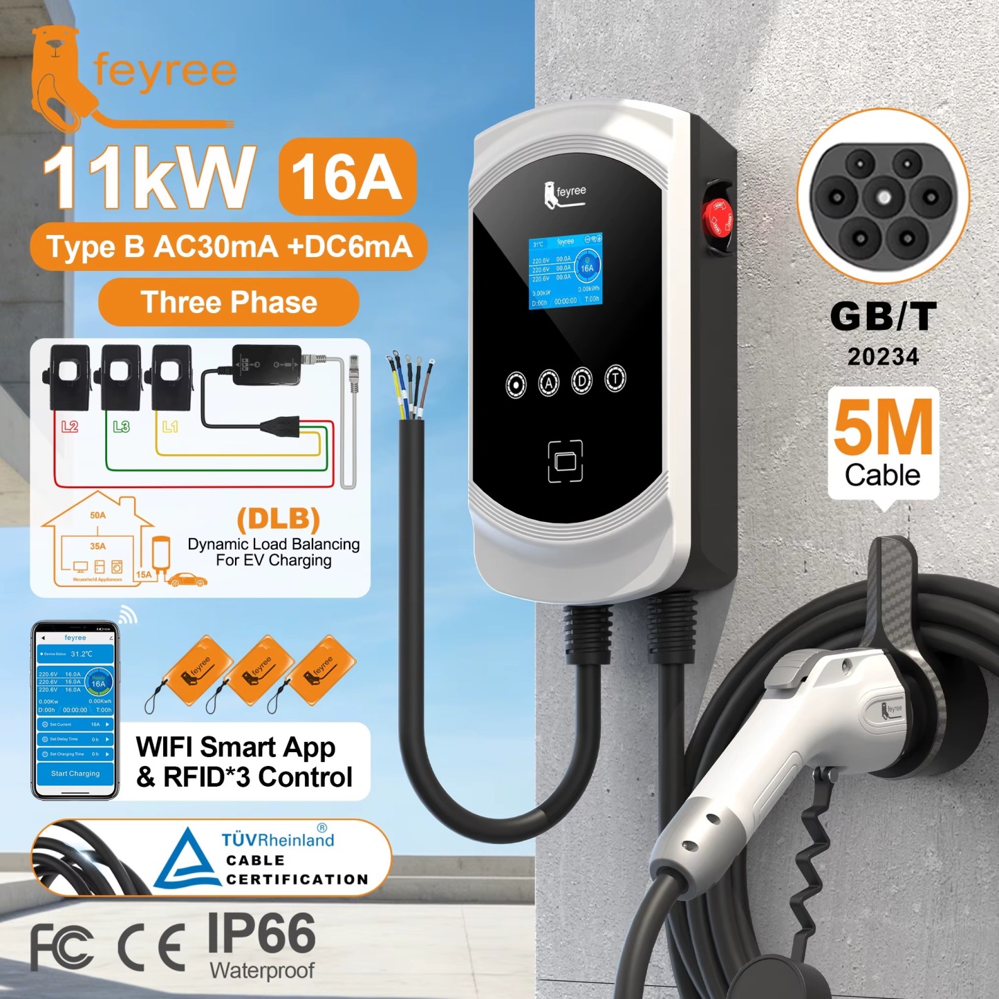 Feyree EV Charger GB/T Socket 32A 3Phase 22kW Fast Charging EVSE Wallbox Load Balance Function AC Home Charging for Electric Car