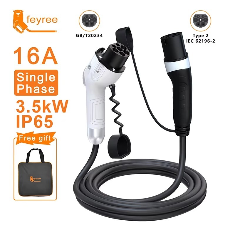 
16A Single Phase EV Charging Cable offering 3.5kW power, GB/T to Type 2 connectors, IP65 weather resistance, and a free carrying bag for reliable, portable charging.