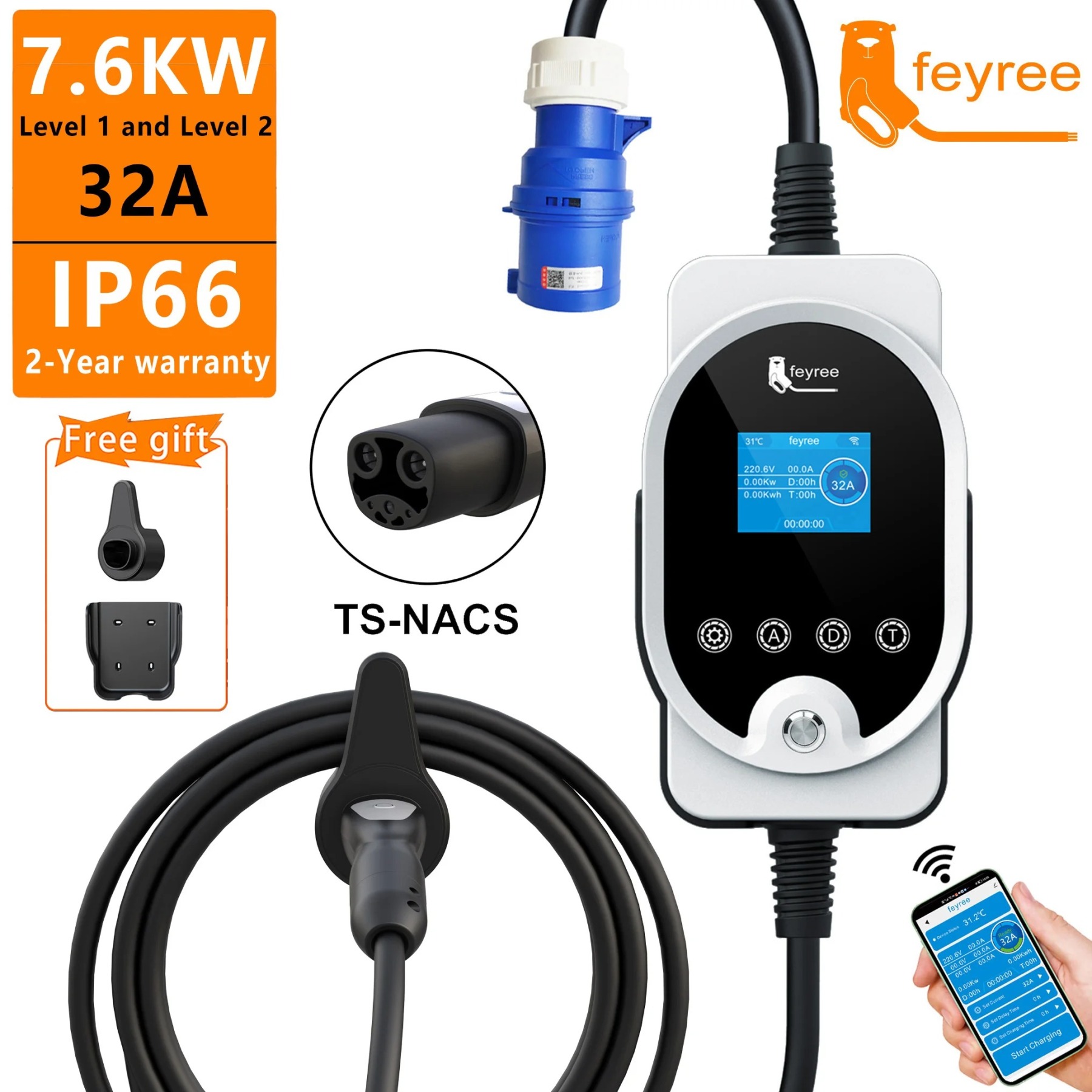feyree Tesla EV Portable Charger 7.6KW 9.6KW 12KW With App Control-feyree