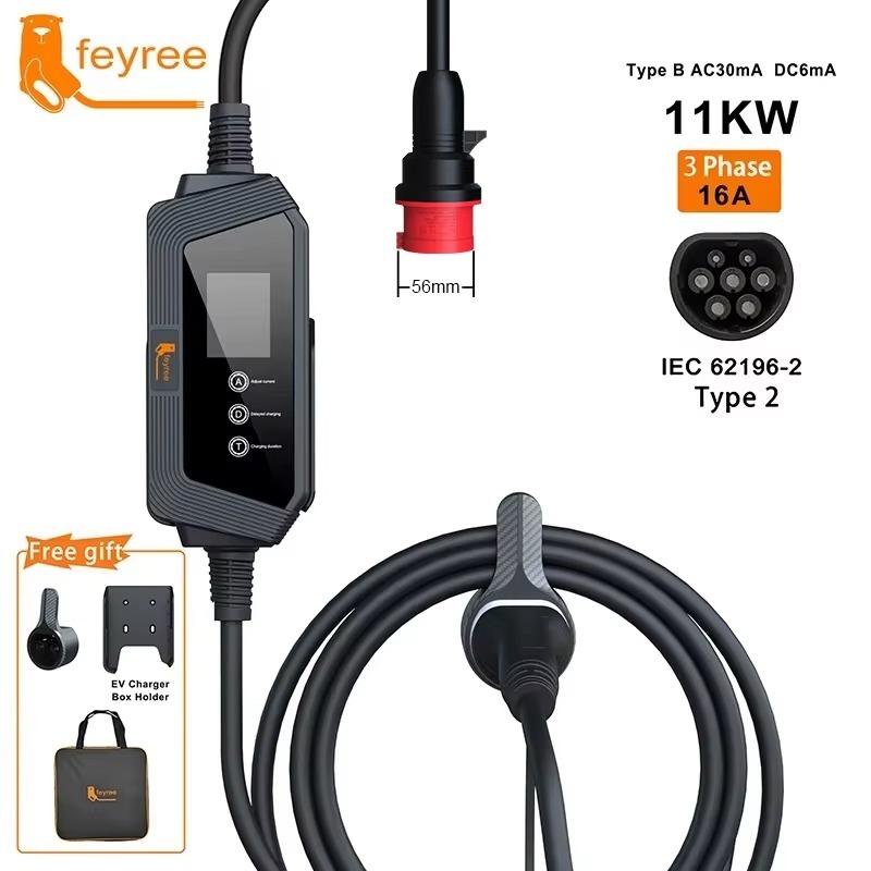 Here's an feyree brand portable EV charger designed for home use. This image shows the control unit with its screen and buttons, highlighting its high-efficiency performance at 11kW, 3-phase, 16A, and featuring a Type 2 charging plug. The product also comes with a convenient storage bag and wall mount, making it a comprehensive and practical solution.