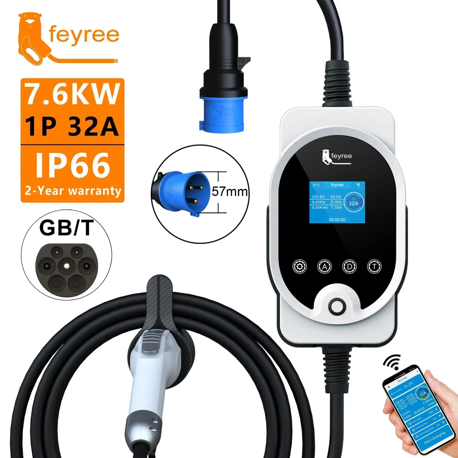 feyree GB/T EV Portable Charger 7KW With App Control