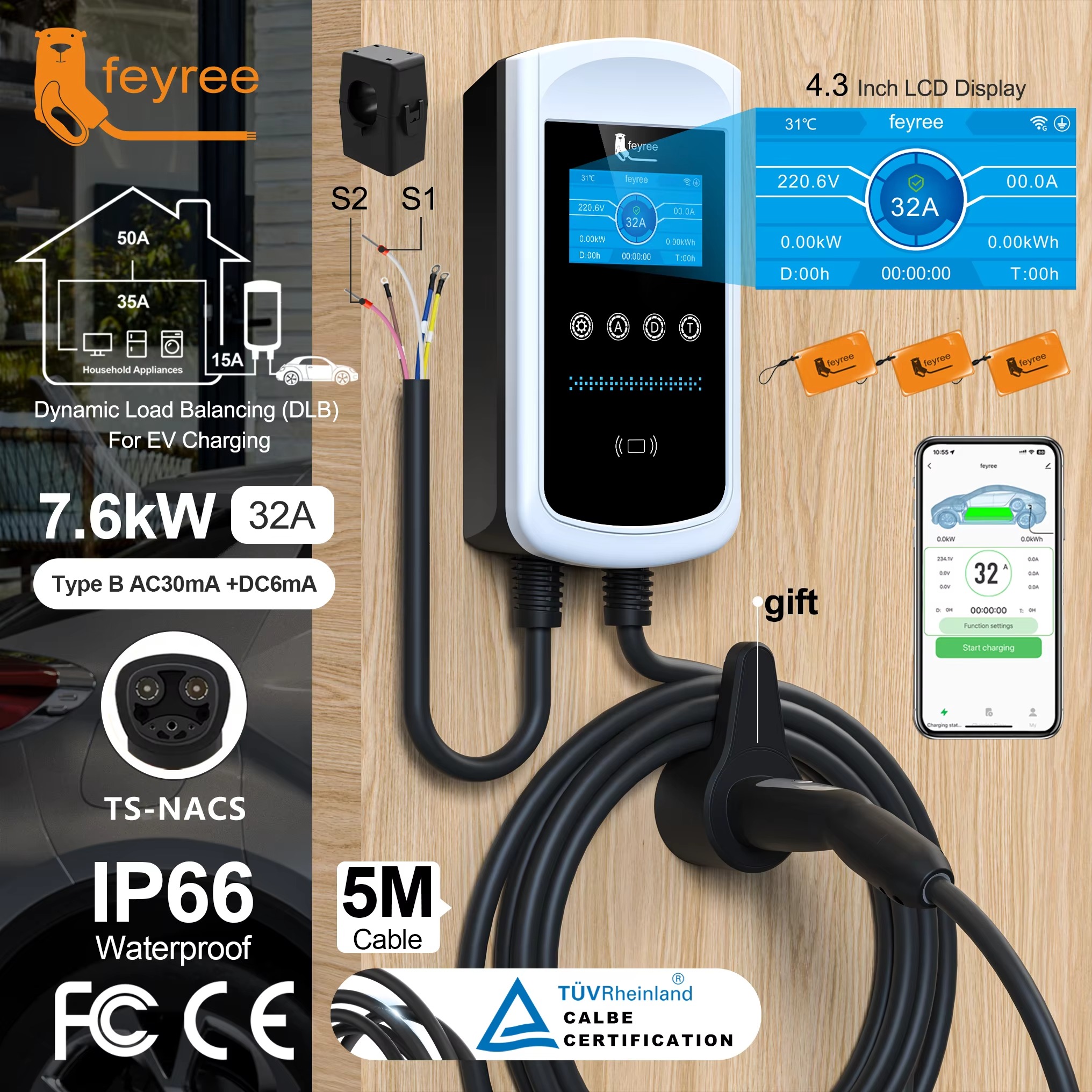 Feyree Dynamic Load Balancing EV Charging Station 32A 7kW TS-NACS Charger Plug Car Charger EVSE Wallbox 9.6kW 12kW APP Control