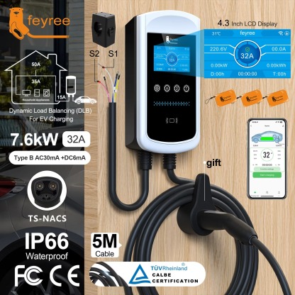Feyree Dynamic Load Balancing EV Charging Station 32A 7kW TS-NACS Charger Plug Car Charger EVSE Wallbox 9.6kW 12kW APP Control