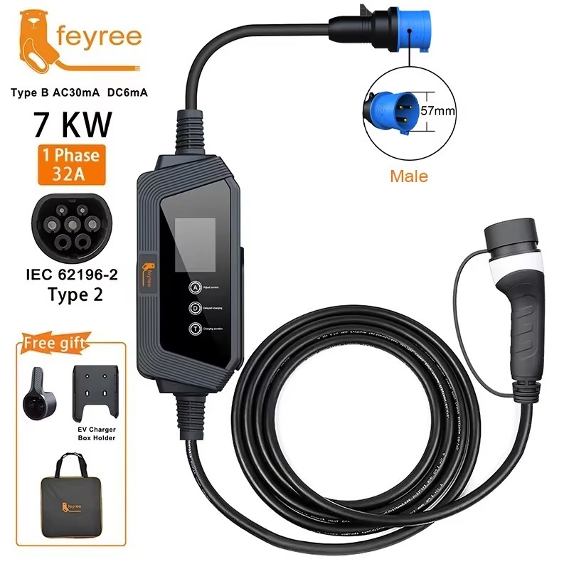 feyree 7KW Smart Portable EV charger Type2 Cable 32A 7KW Fast Charging for Electric Car with Adjusting Current Setting Charging Time