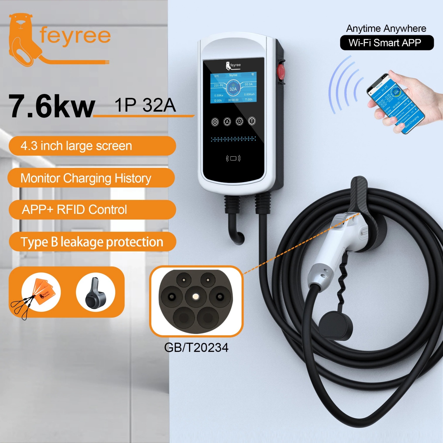 feyree GB/T EV Charging Station 7.6KW 11KW 22KW With APP Control 4.3″ Screen-feyree