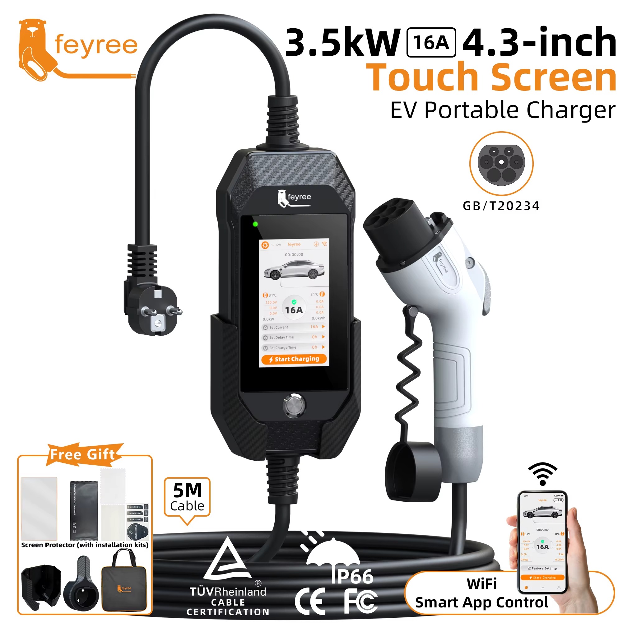 Feyree GB/T EV Charger 16A 3.5kW Portable Charger 1P 4.3'' Touchscreen Smart APP OTA Version Current Adjustable for Electric Car