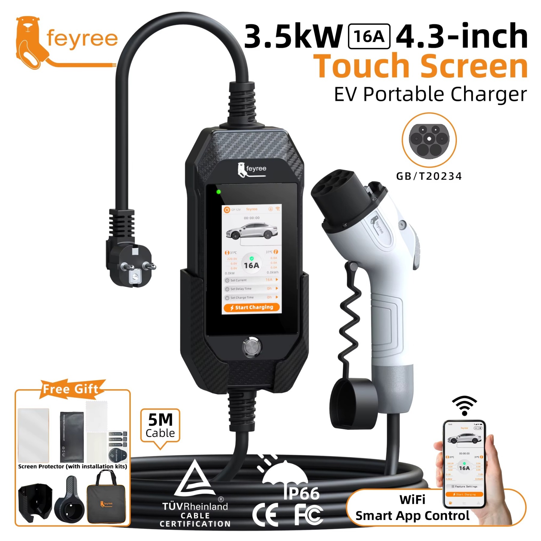 Feyree GB/T EV Charger 16A 3.5kW Portable Charger 1P 4.3'' Touchscreen Smart APP OTA Version Current Adjustable for Electric Car