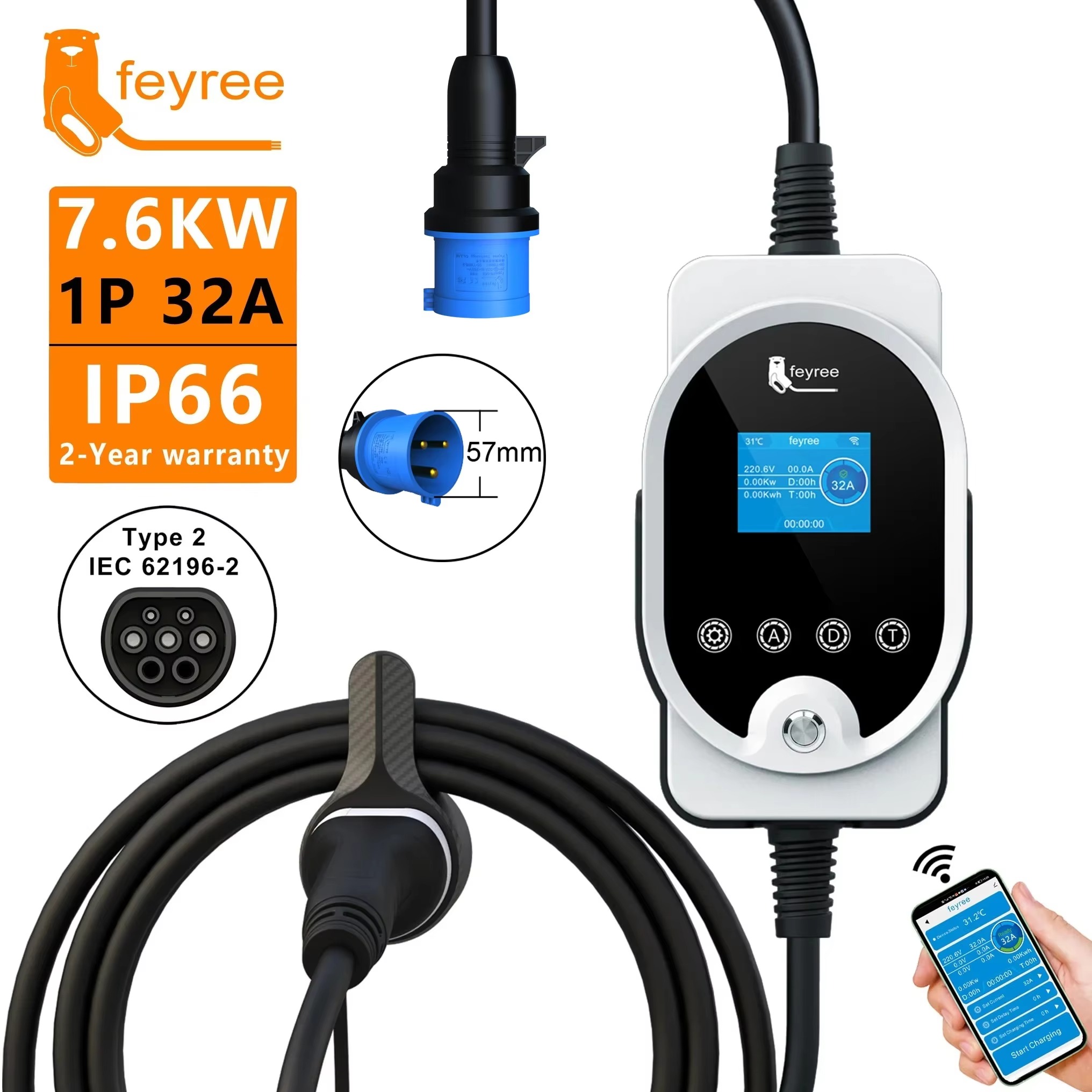 Feyreeレベル2 EV充電器40 AMP Wi-FiおよびBluetooth Enabled Electric Car Charger電気自 Portable EV Charger Type2 J1772 7kW 32A APP \u2013 feyree