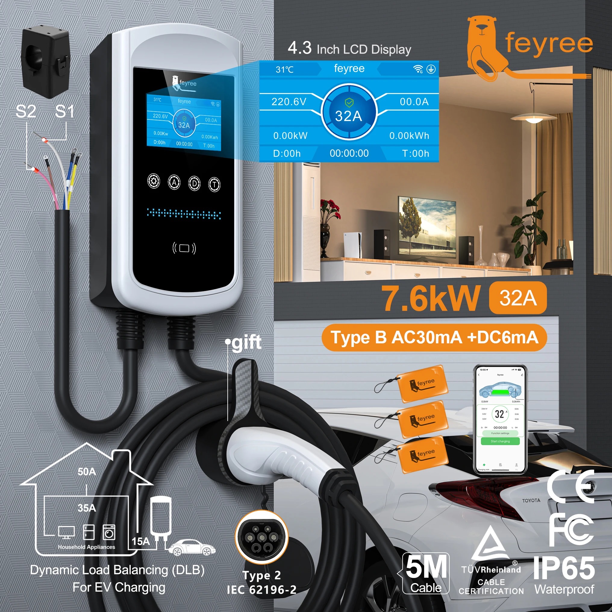 feyree Type2 EV Charger 4.3inch Screen 32A 7.6KW Dynamic Load Blancing 11KW 22KW 3Phase EVSE Wallbox APP with charge history