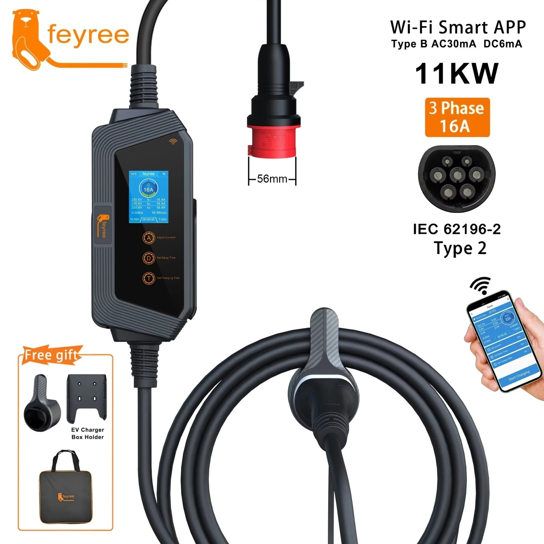feyree Type2 11KW  Portable EV Charger 11KW 16A 3P Car Charger Wi-Fi APP Control EVSE Charging Box CEE Plug for Electric Vehicle