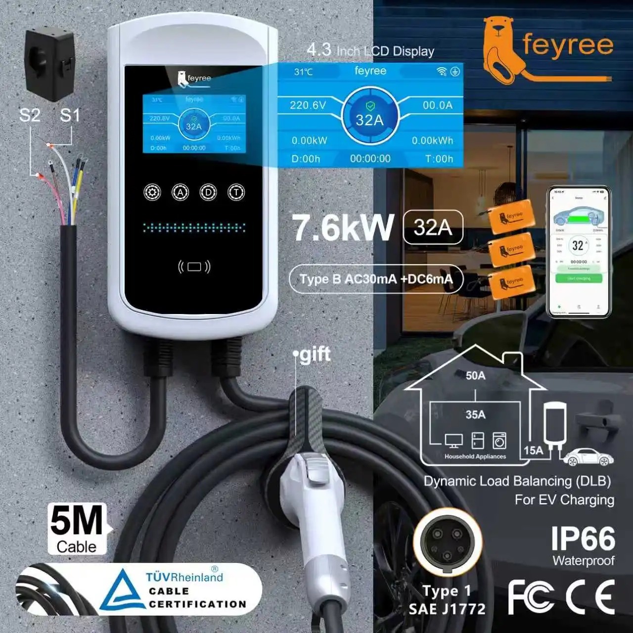 feyree Type1 32A 7.6kW EVSE Wallbox 4.3inch screen Dynamic Load Balancing 40A9.6kW50A12kW EV Charger Smart APP with Charging LOG