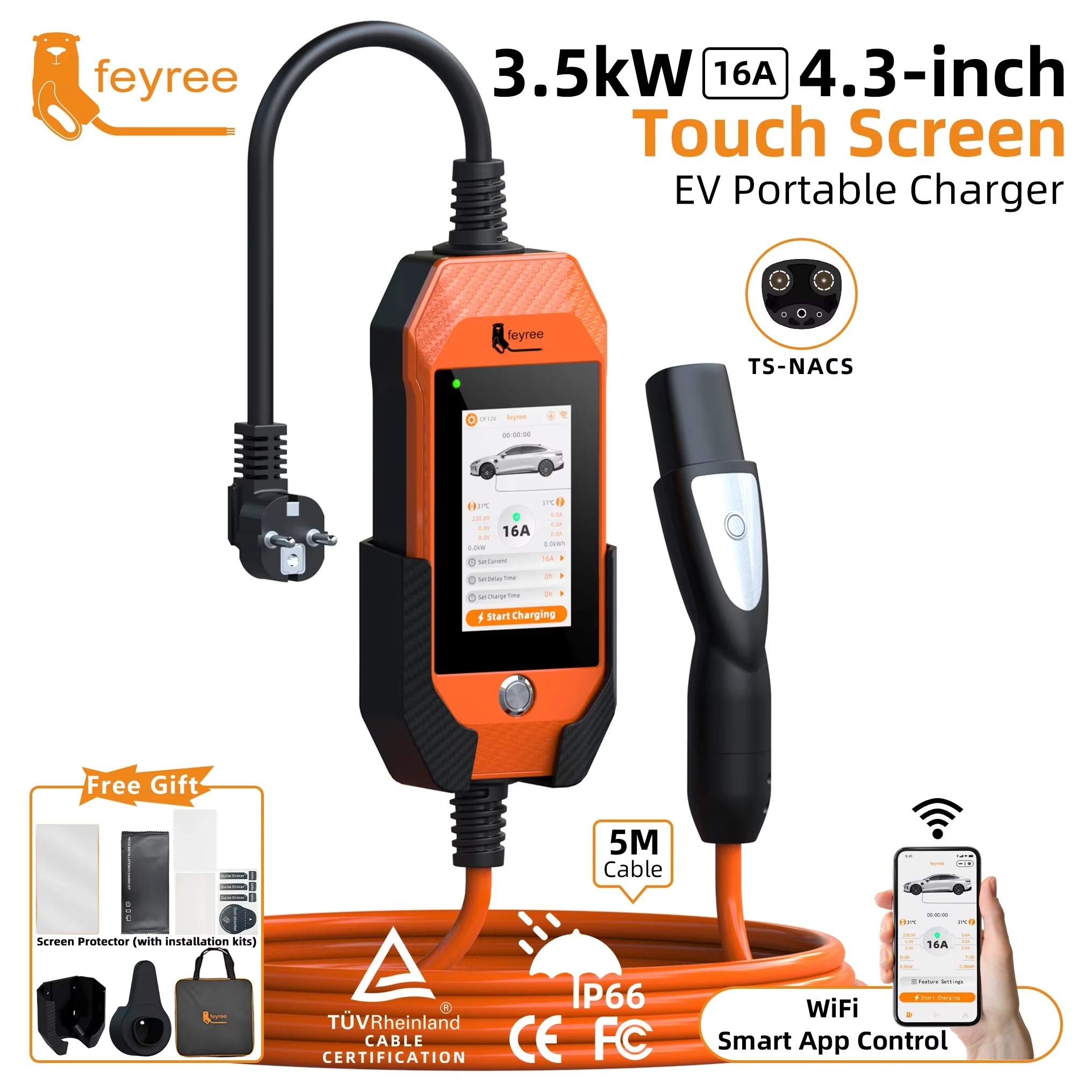 feyree 4.3in Touchscreen Portable EV Charger For 3.5kW 16A 1Phase Tesla With WiFi APP Control EVSE Wallbox For EV Car Charging