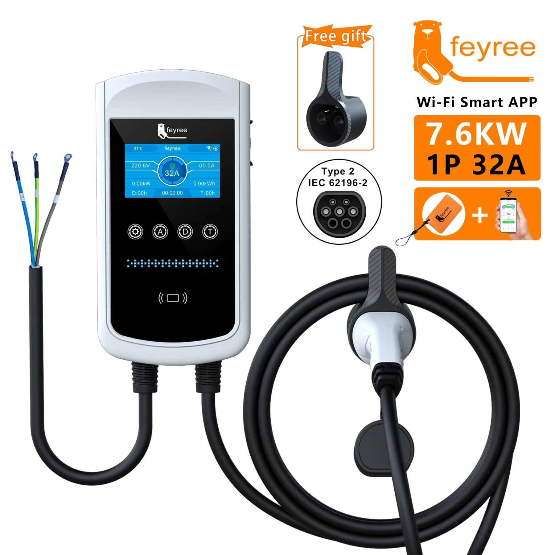 feyree Type2 EV Portable Charger 7.6KW 11KW 2KW With APP Control 4.3inch Screen
