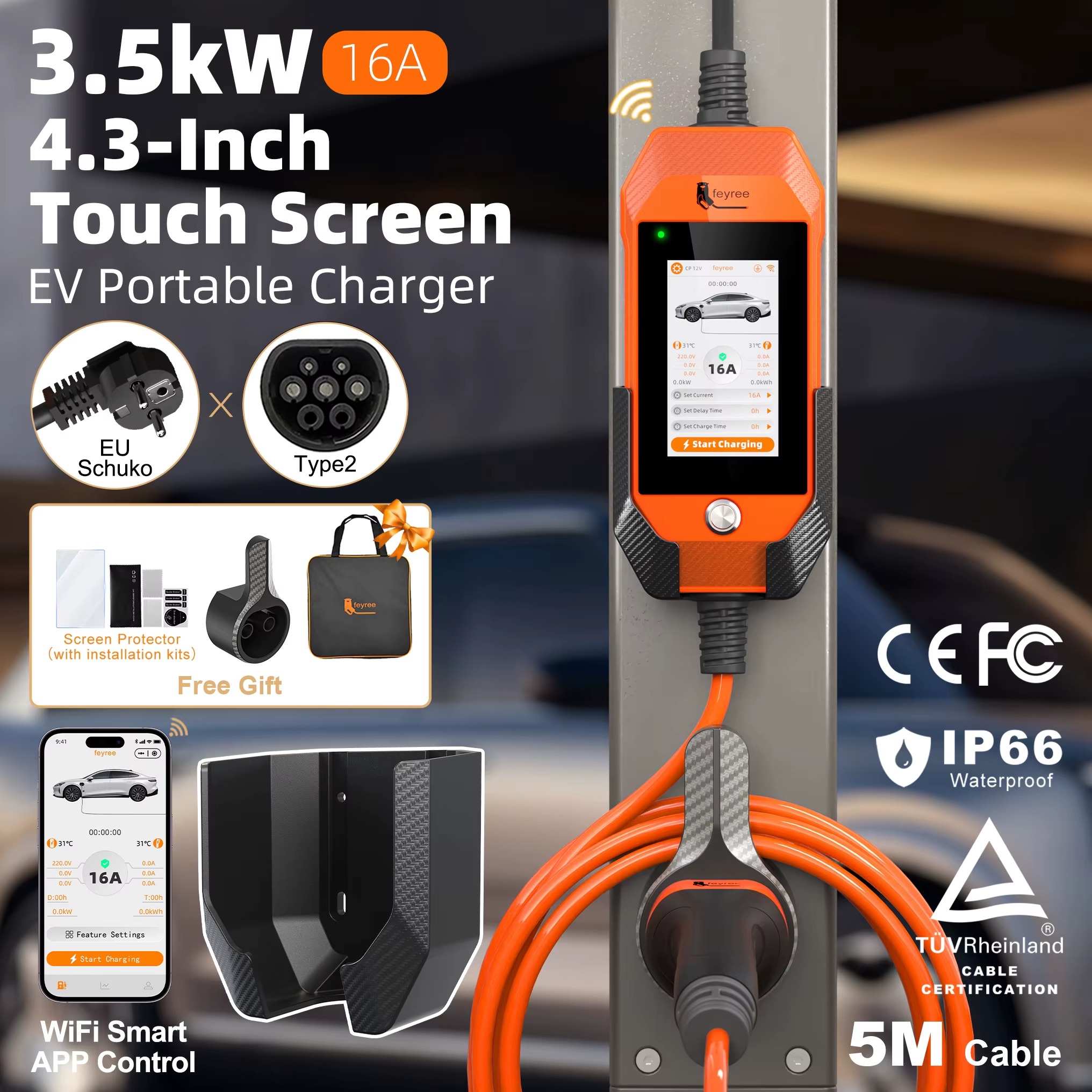 Feyree Portable EV Charger 3.5kW 16A Type 2 | 4.3' Touchscreen, WiFi APP Control, Charge History | 5M Cable for Electric Vehicle