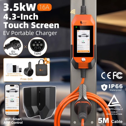 Feyree Portable EV Charger 3.5kW 16A Type 2 | 4.3' Touchscreen, WiFi APP Control, Charge History | 5M Cable for Electric Vehicle