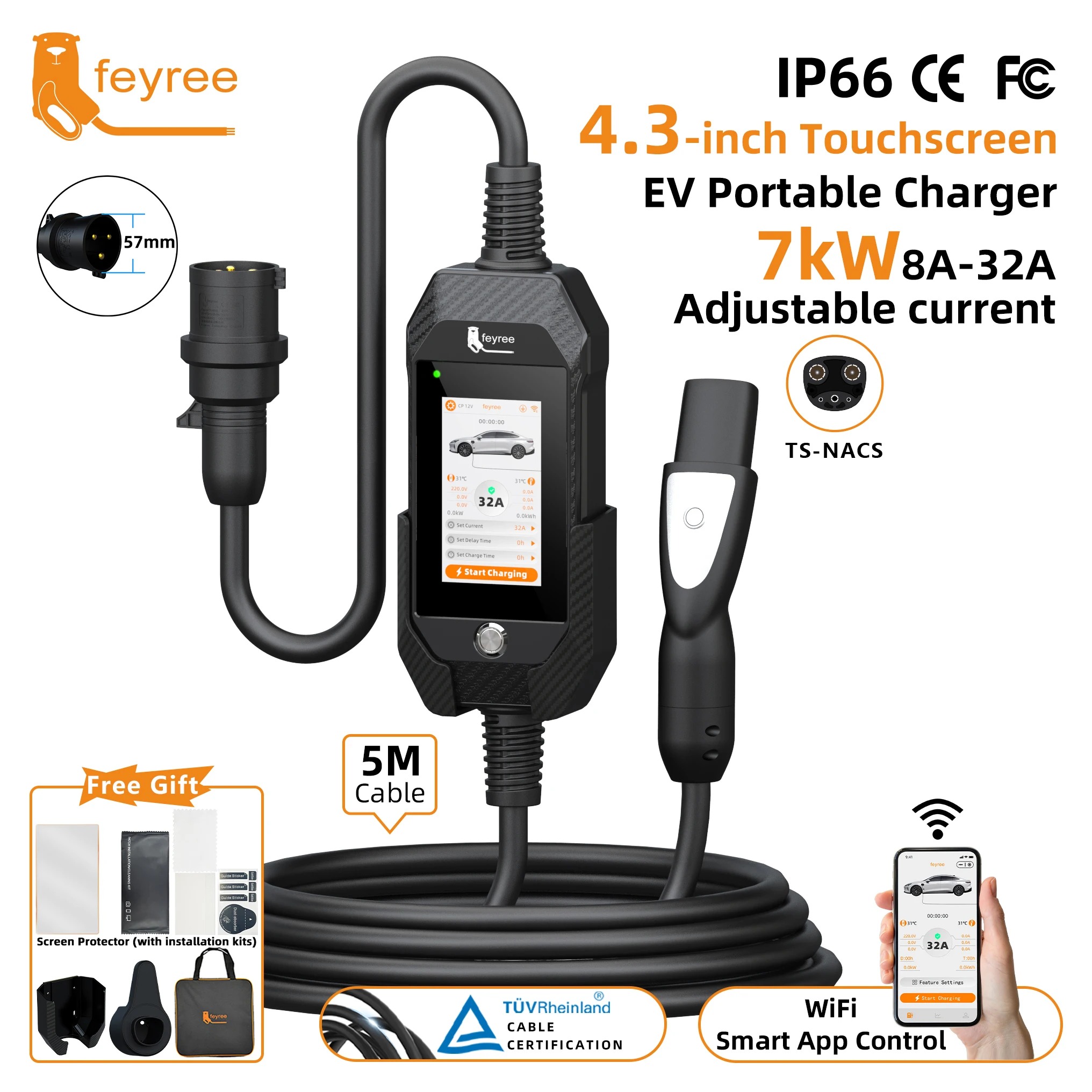 feyree 4.3Inch Touch Screen EV Charger 7kW 32A 1Phase TS-NACS Socket Smart WIFI APP Control EVSE Portable Box for Tesla EV Cars