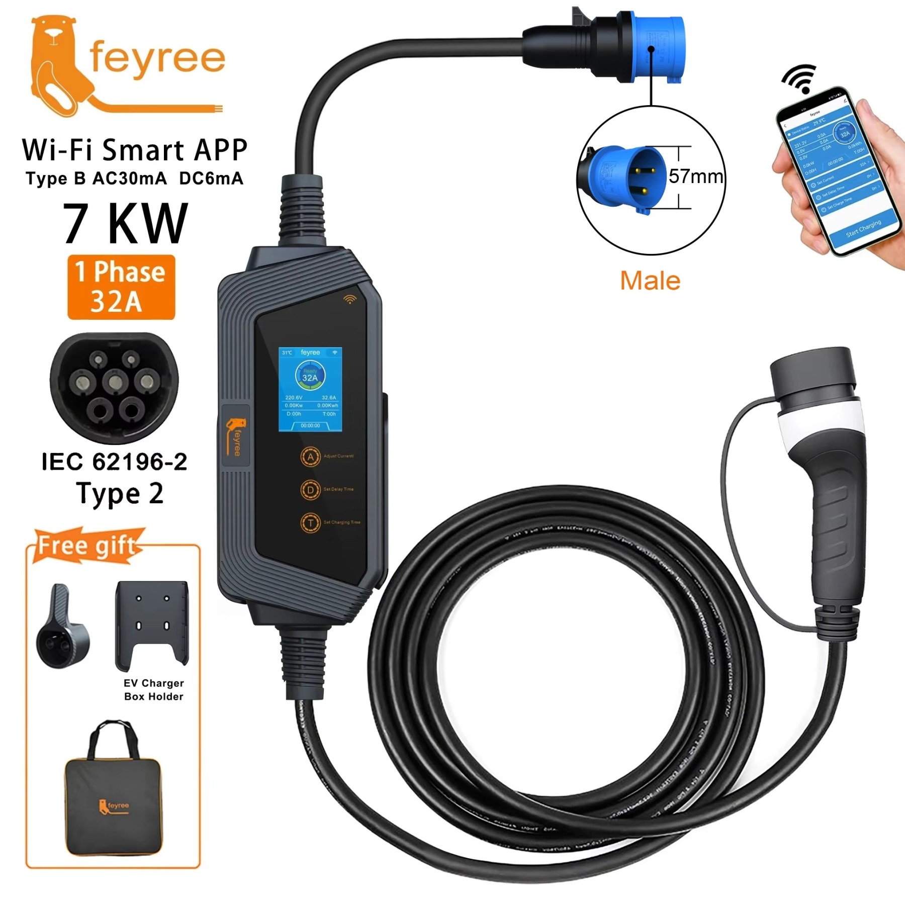
Ultimate 7kW 32A Type 2 portable EV charger with Wi-Fi smart app, CEE plug, wall holder, and storage bag for travel and home use.