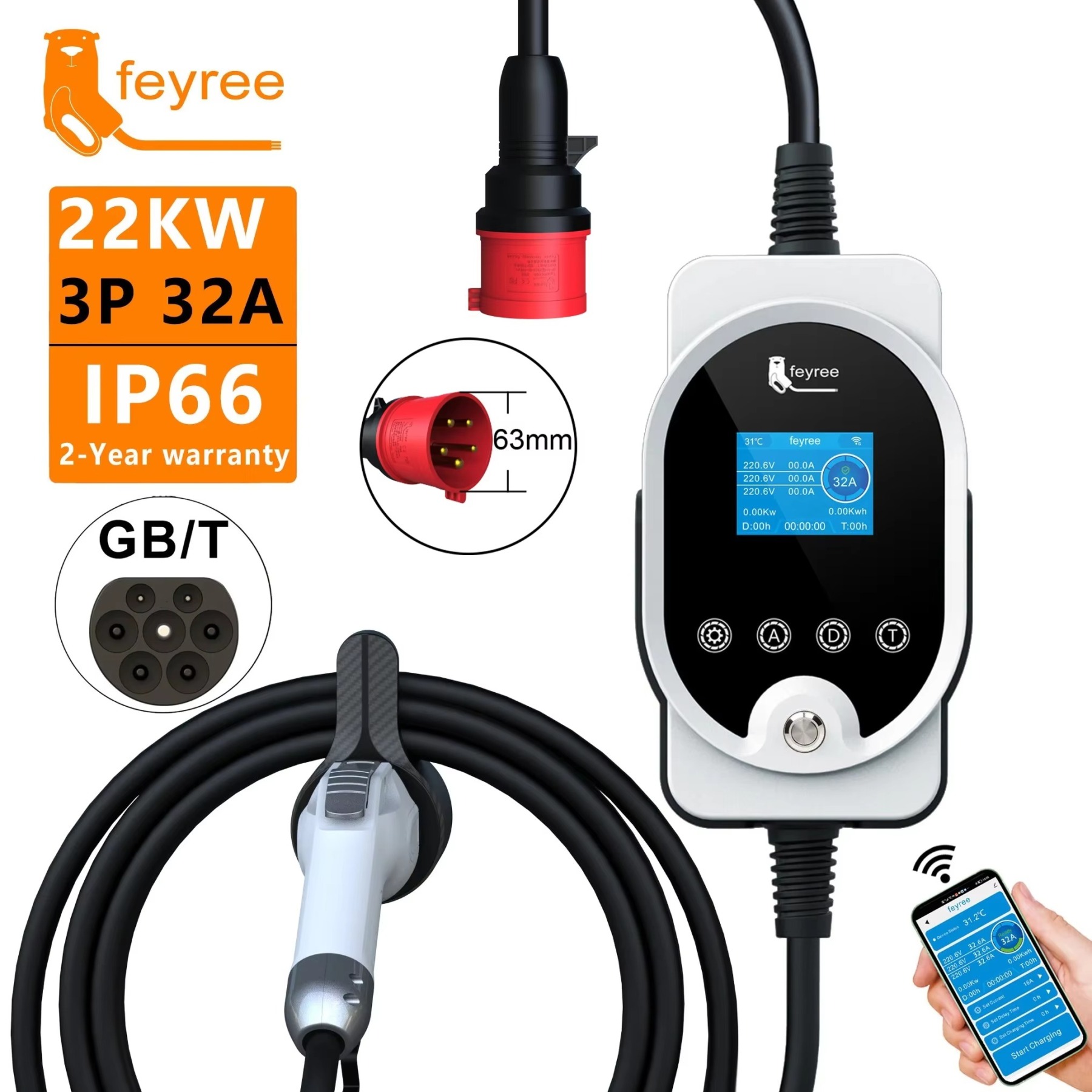 feyree 22KW GB/T Portable EV Charger 32A 3Phase With APP Control