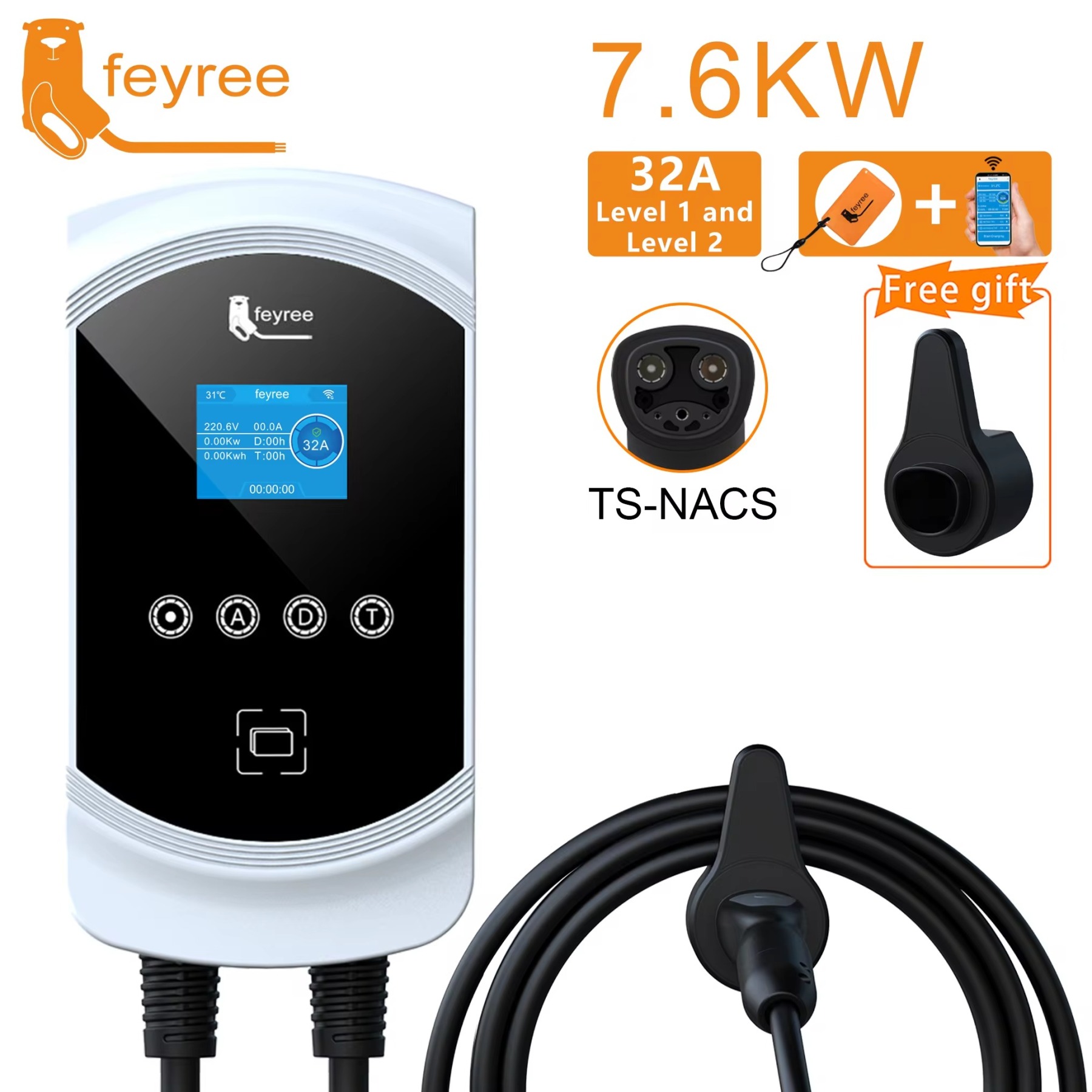 feyree EV Charging Station 32A 7.6KW Electric Vehicle Car Charger EVSE Wallbox 9.6KW 12KW 5m Cable Tesla NACS Socket APP Control-feyree