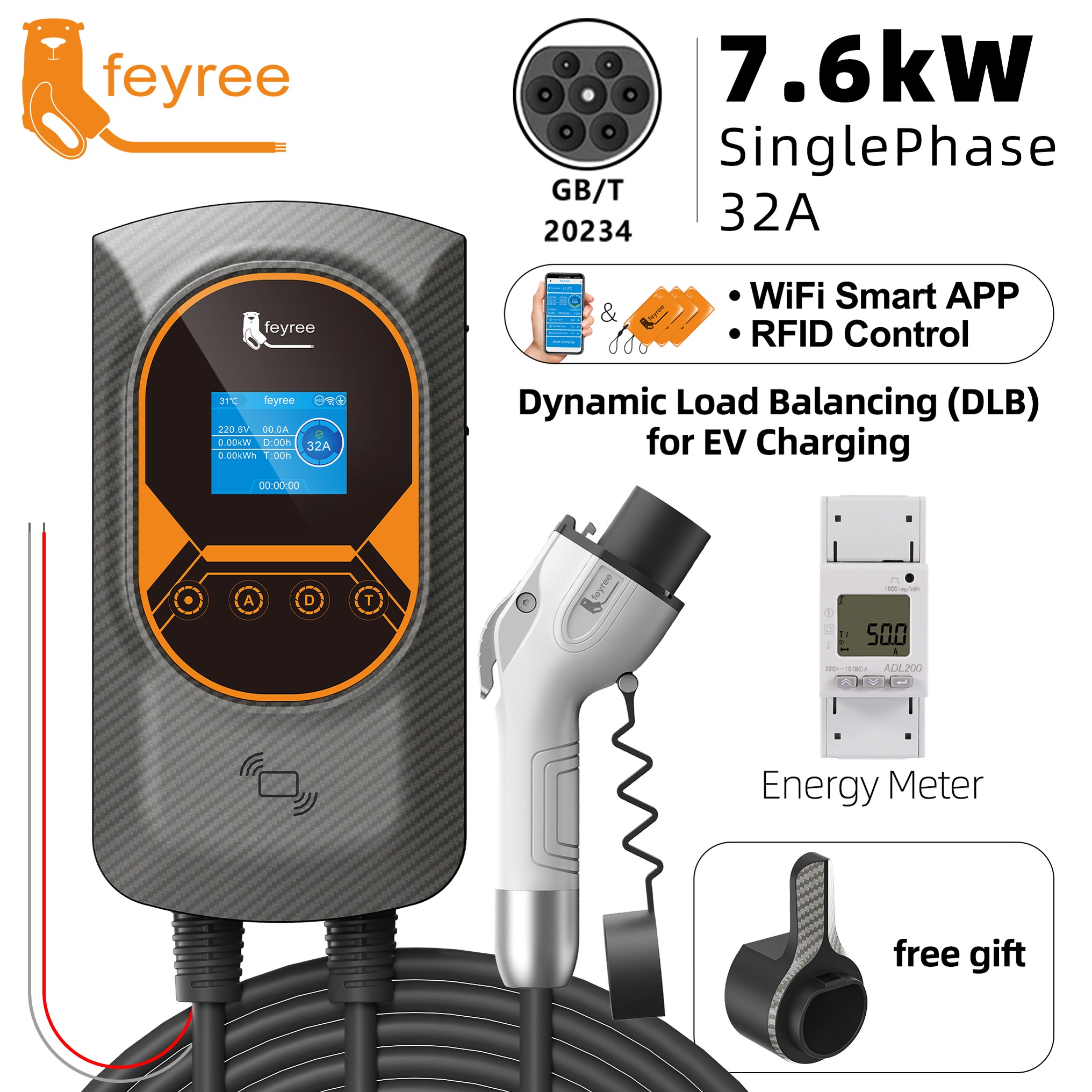 feyree GBT 22kW 32A Three Phase EV Wallbox Smart Dynamic Load Balance RFID Card APP Control EV Charging Station for Outdoor Use