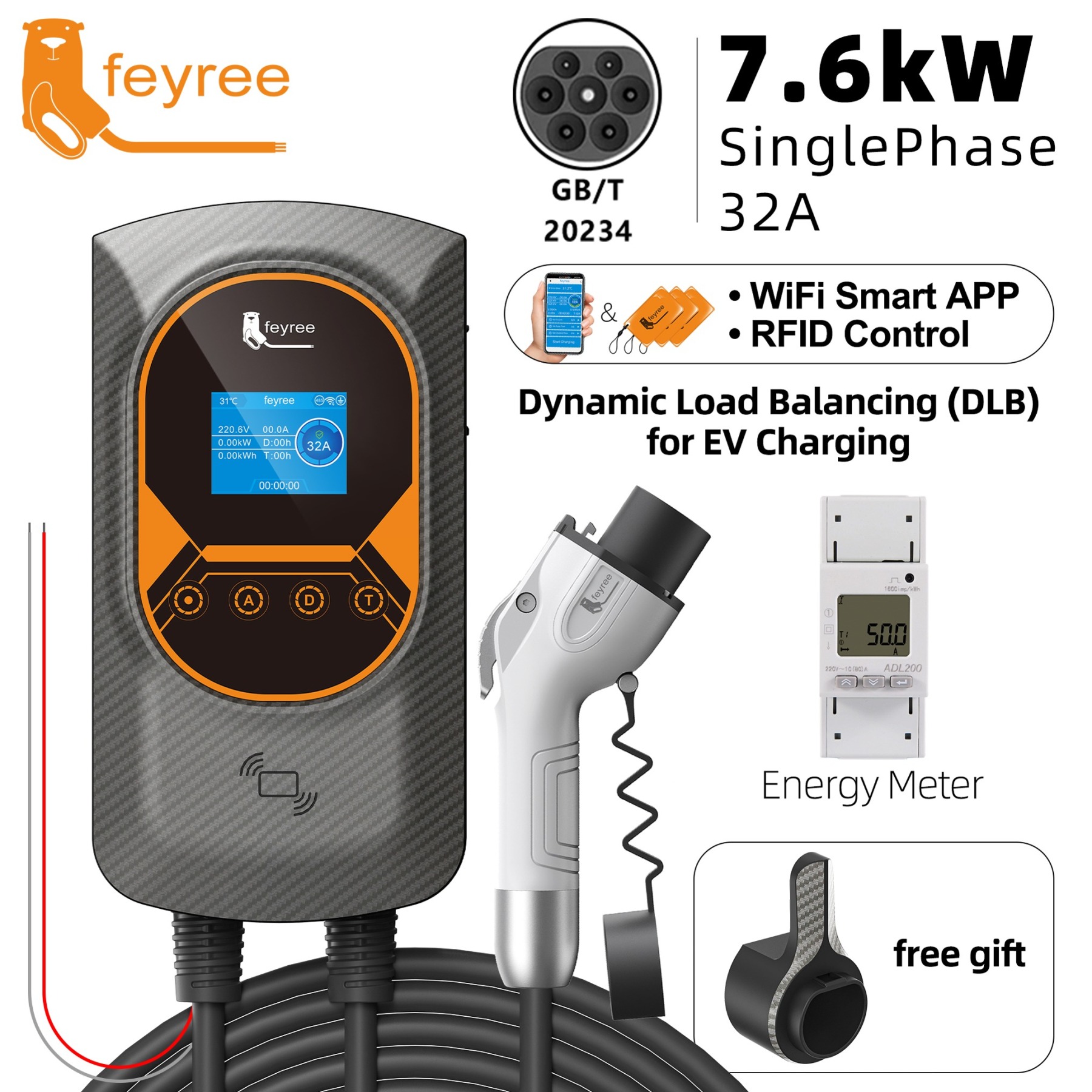 feyree GBT 22kW 32A Three Phase EV Wallbox Smart Dynamic Load Balance RFID Card APP Control EV Charging Station for Outdoor Use