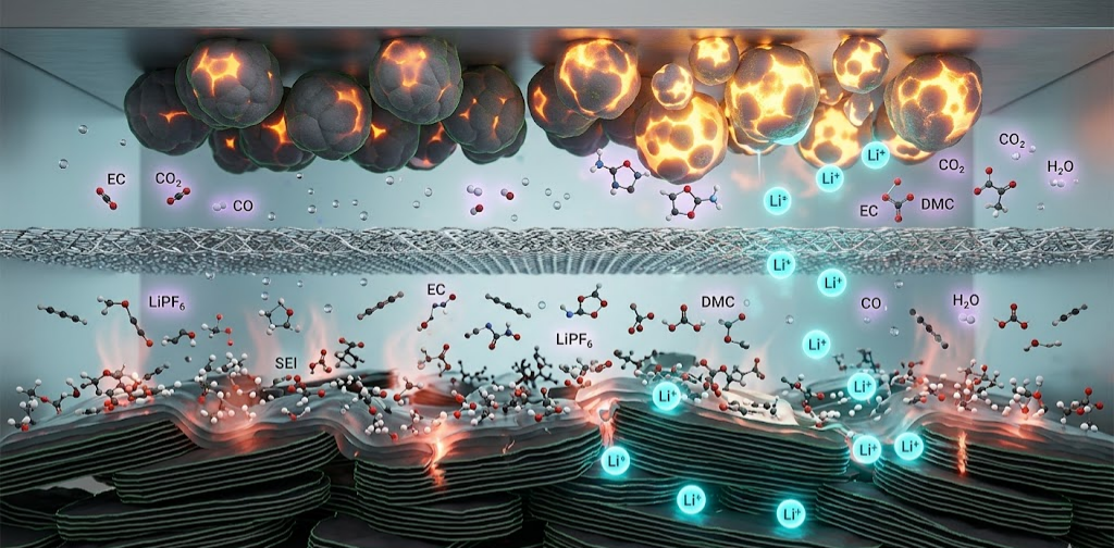 A detailed microscopic visualization of a lithium-ion battery's internal electrochemical reactions, showing ion movement, electrolyte decomposition, and SEI layer growth.