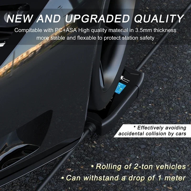 Durable EV charger cable designed to withstand harsh conditions. The image highlights that the cable can be rolled over by vehicles up to 2 tons and survive a 1-meter drop, ensuring long-lasting performance and reliable electric vehicle charging.