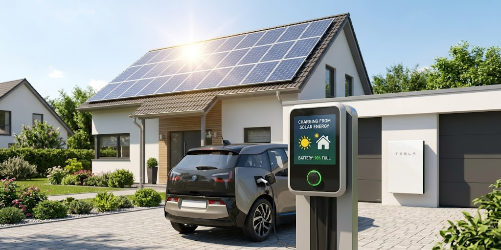 Smart home EV charging station powered by rooftop solar panels and integrated battery storage system.