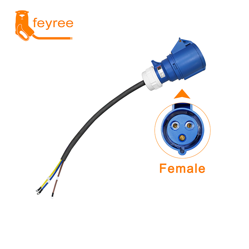 
Blue industrial CEE EV female charger connector with cable for safe, reliable power conversion and charging.