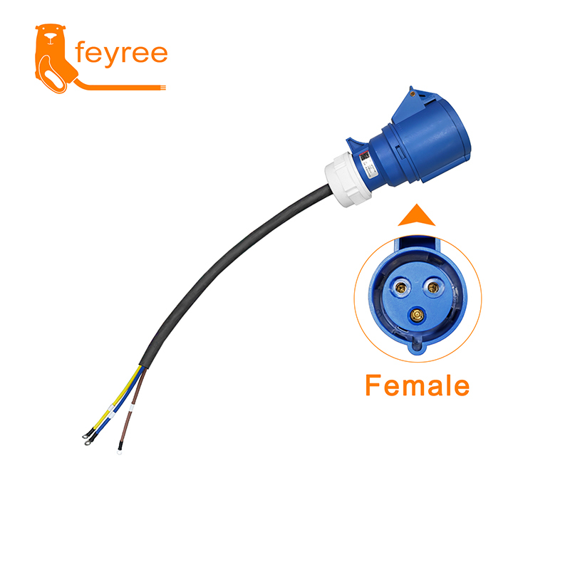 
Blue industrial CEE EV female charger connector with cable for safe, reliable power conversion and charging.