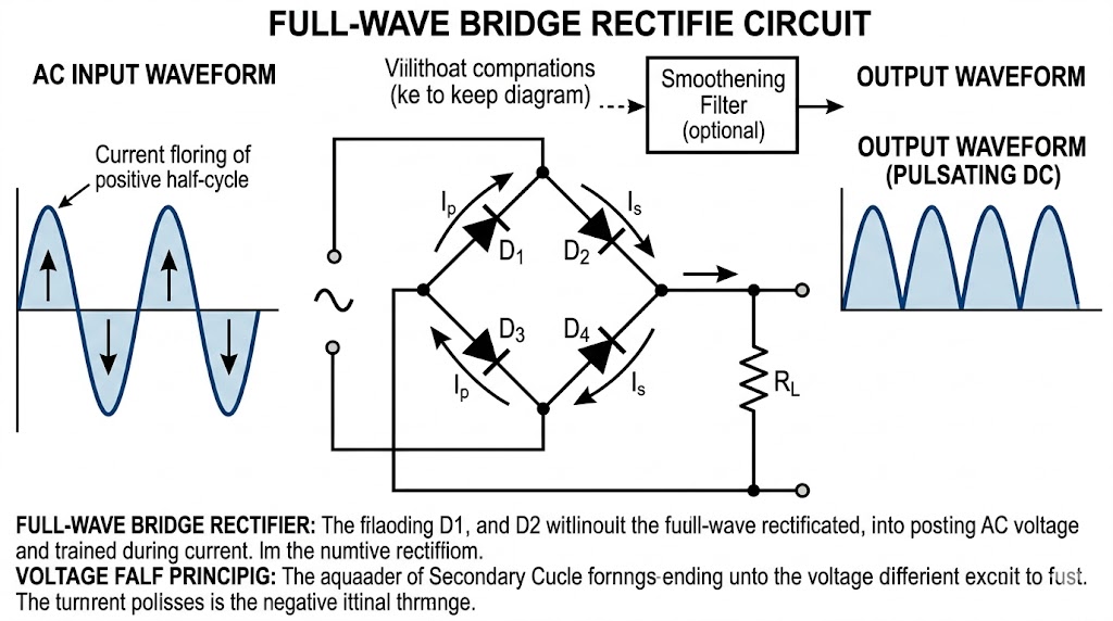 Schematic of a full-wave bridge rectifier converting AC sine wave into pulsating DC waveform.