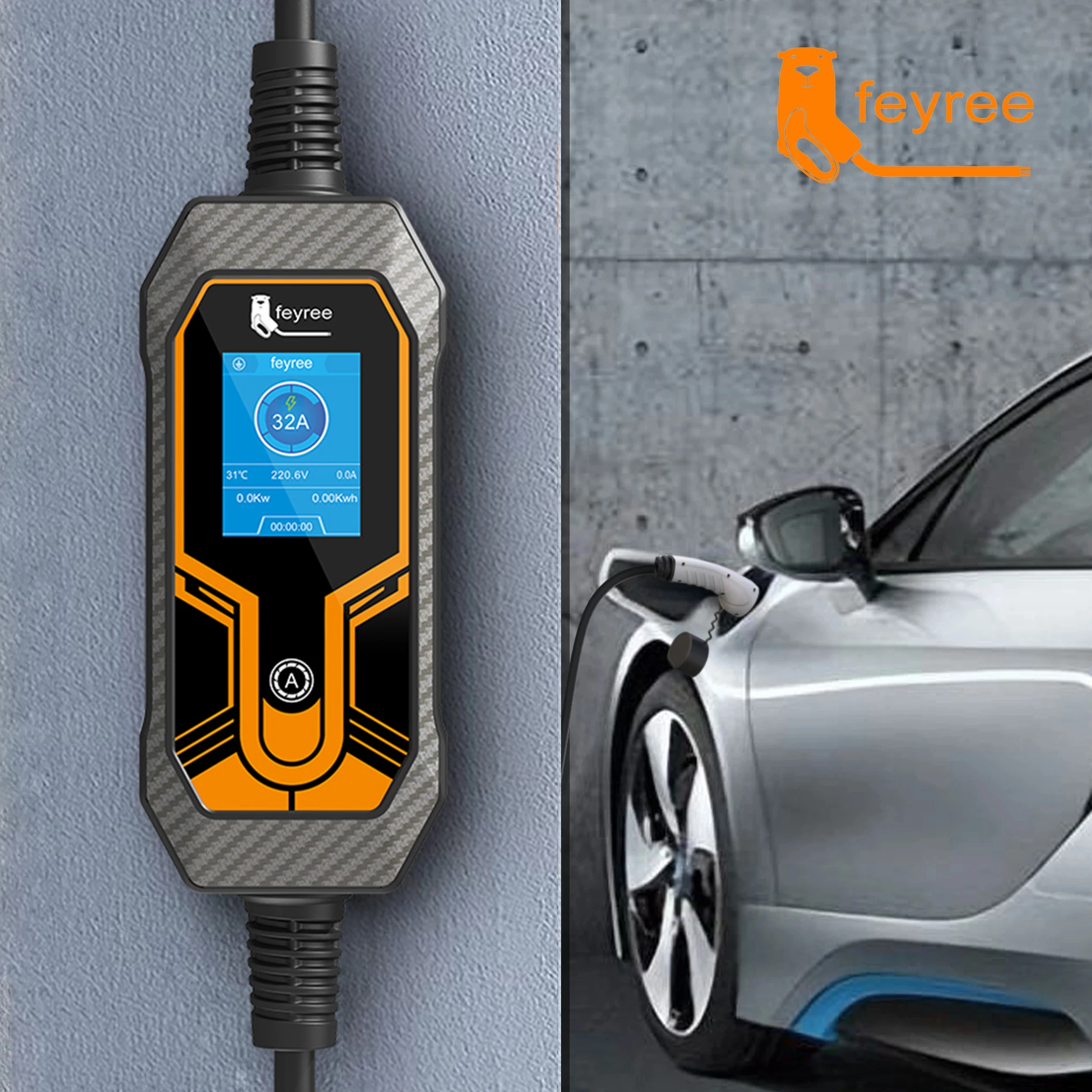 Portable EV charger with 32A display and carbon-look housing, conveniently charging a sporty electric vehicle at home.