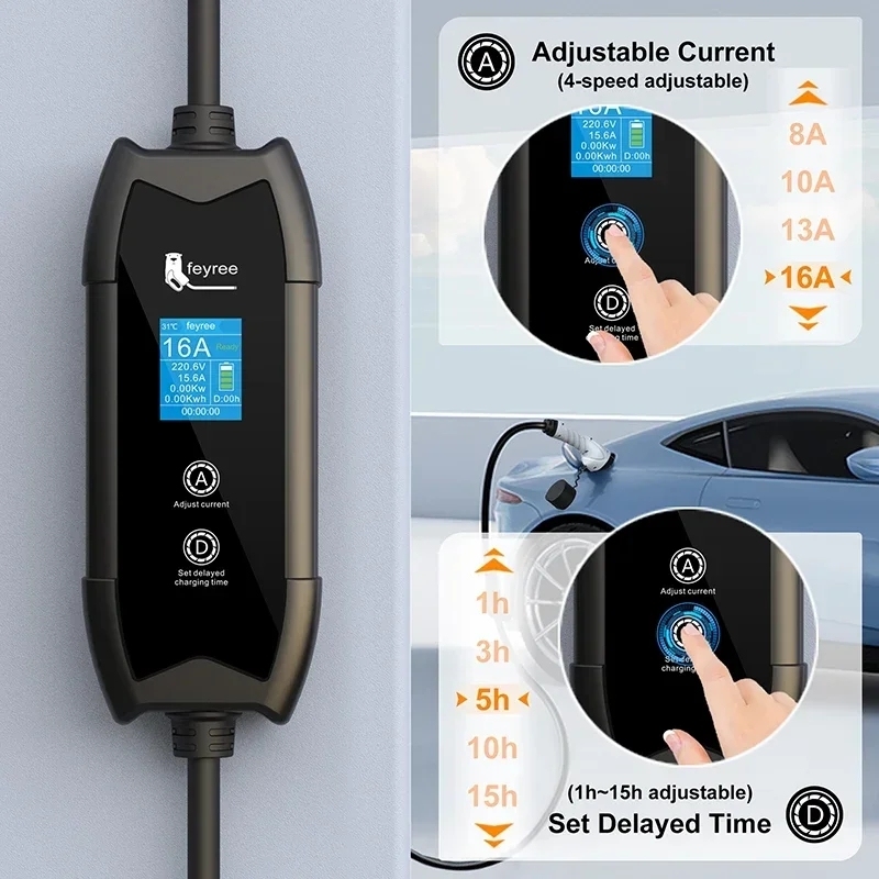 
Smart EV charger with user-friendly controls for a customized charging experience. The image demonstrates how to use the buttons to adjust current to four levels, from 8A to 16A, and to set a charging delay from 1 to 15 hours.