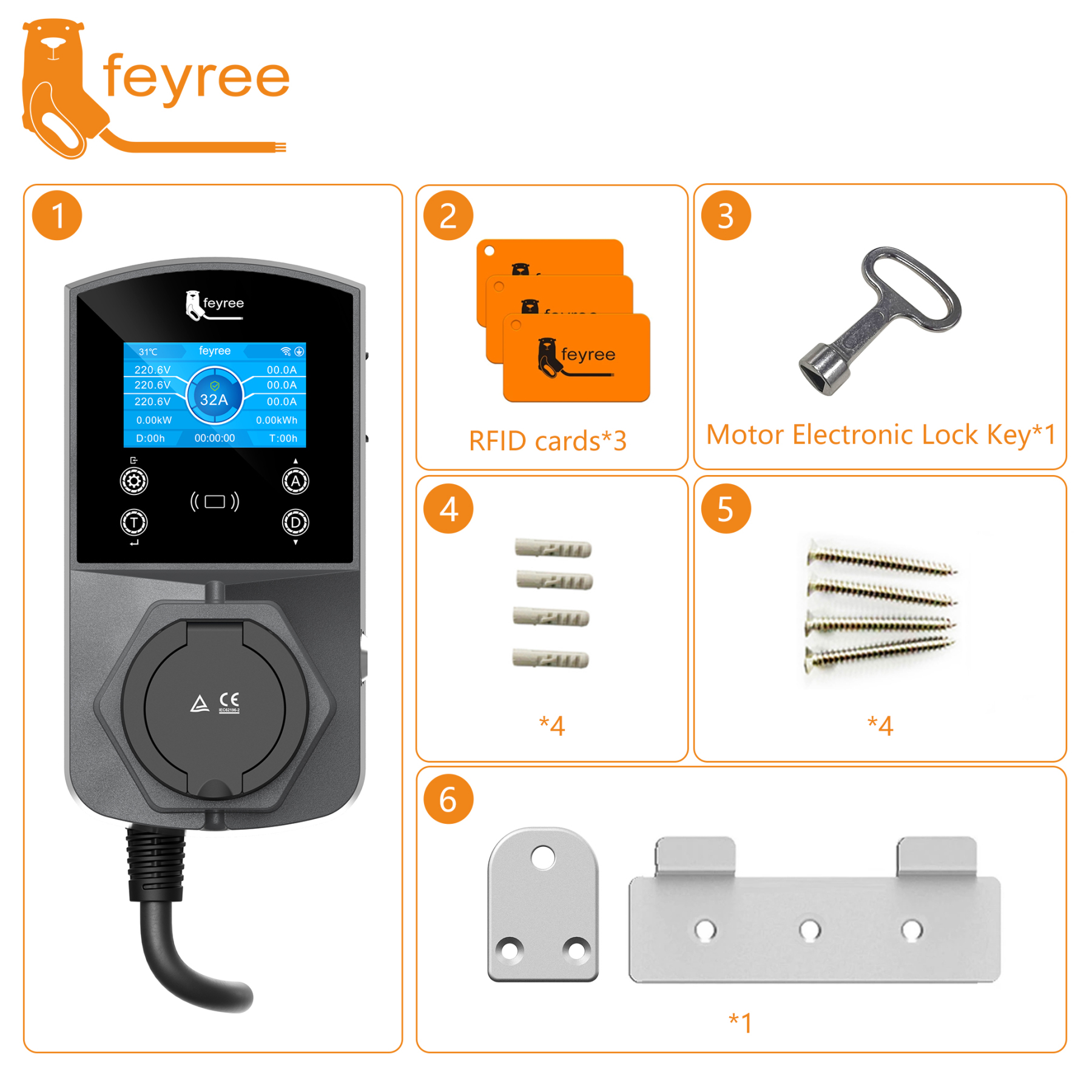 
Complete EV charger kit including a wall-mounted charging station, RFID access cards, and a lock key for security. The package also provides all the necessary screws and a wall mount bracket for simple installation of this comprehensive electric vehicle accessory.
