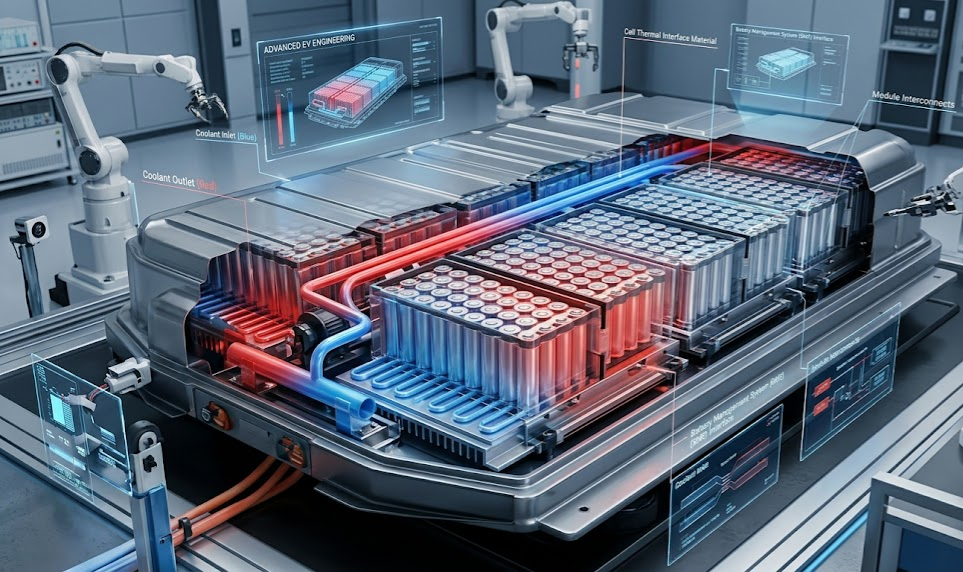 Technical cutaway of an EV battery's thermal management system with red and blue liquid cooling flows.