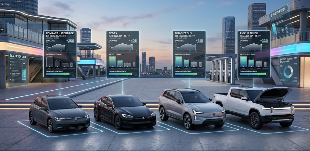 A lineup of various electric vehicles with digital infographic displays showing battery sizes and ranges.