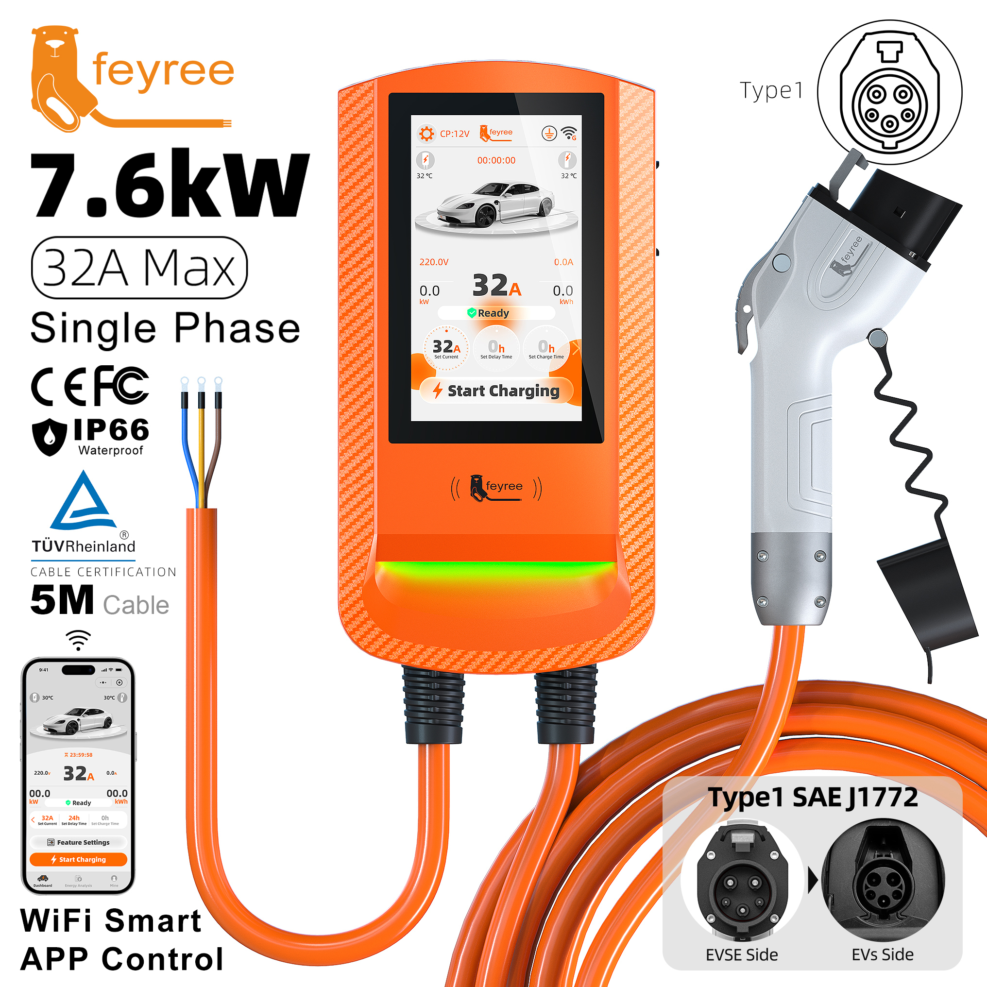 Feyree 7 inch Touch Screen Type 1 EV Charger Wallbox with Screen Lock Password Safety Exclusive RFID Protection and OTA Upgrade