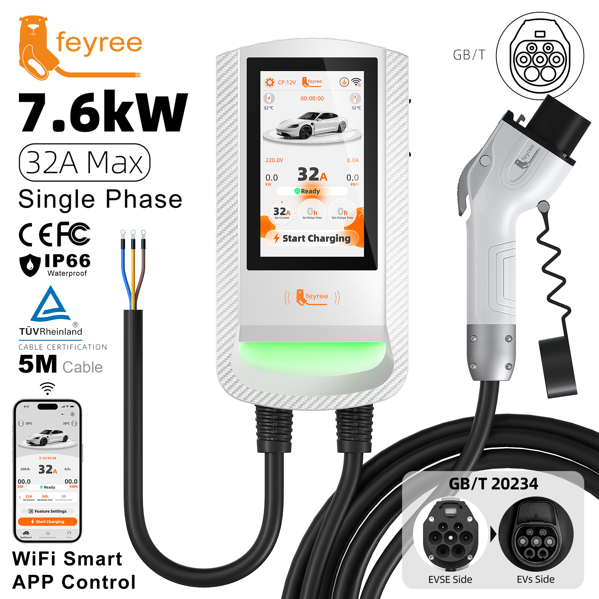 Feyree GBT EV Charger 7 Inch Touch Screen Password Lock with Charging History and OTA Upgrade Smart Home Charging Station