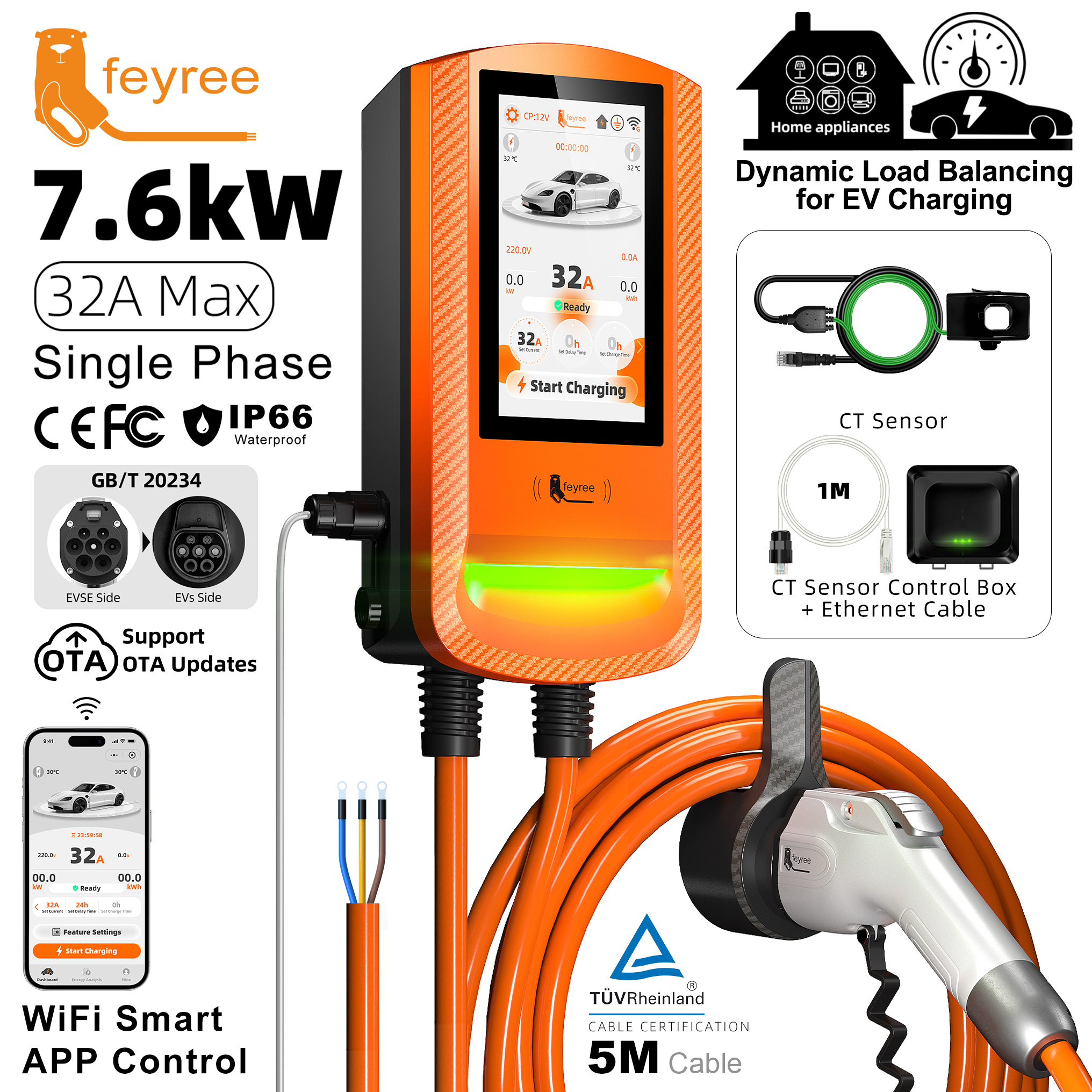 Feyree EV Charger GB/T Socket 7.6kw 32A DLB Wallbox 7inch Touch Screen APP Charge History Record 11kw 22kw 3P Charging Station