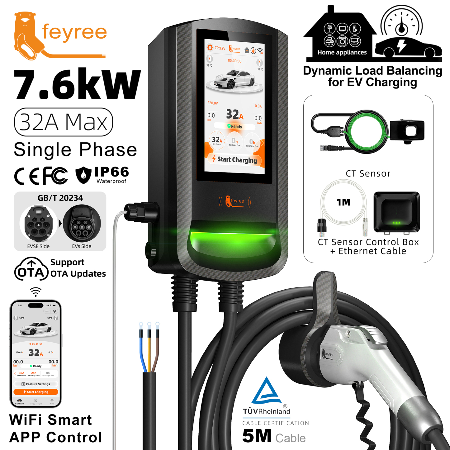 Feyree GBT 7-Inch Touth Screen EV Wallbox Smart Dynamic Load Balance RFID Card APP Control EV Charging Station for Outdoor Use